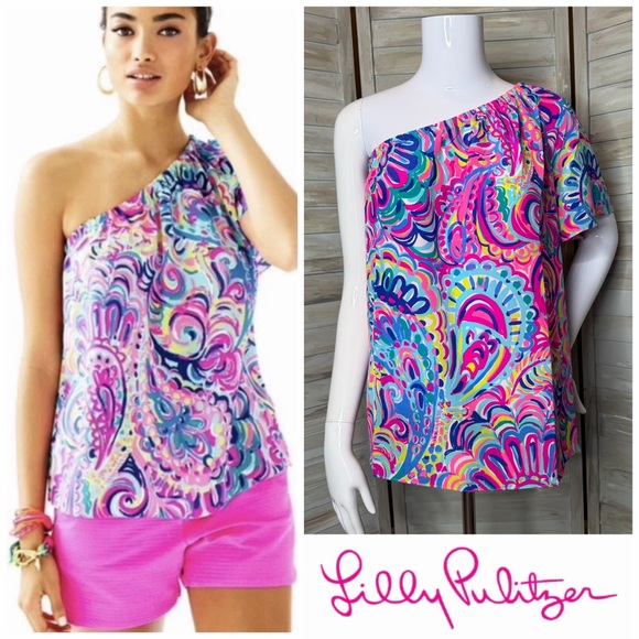 Lilly Pulitzer Tops - Lilly Pulitzer Fifer Silk One Shoulder Top Size Large Psychedelic Sunshine multi